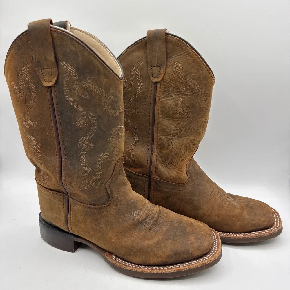 Cody James Western Leather Square Toe Boots Kids 3.0 D Brown Stitched Distressed